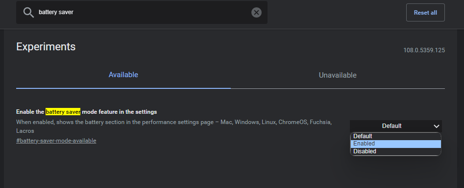 enabled energy saver mode in google chrome